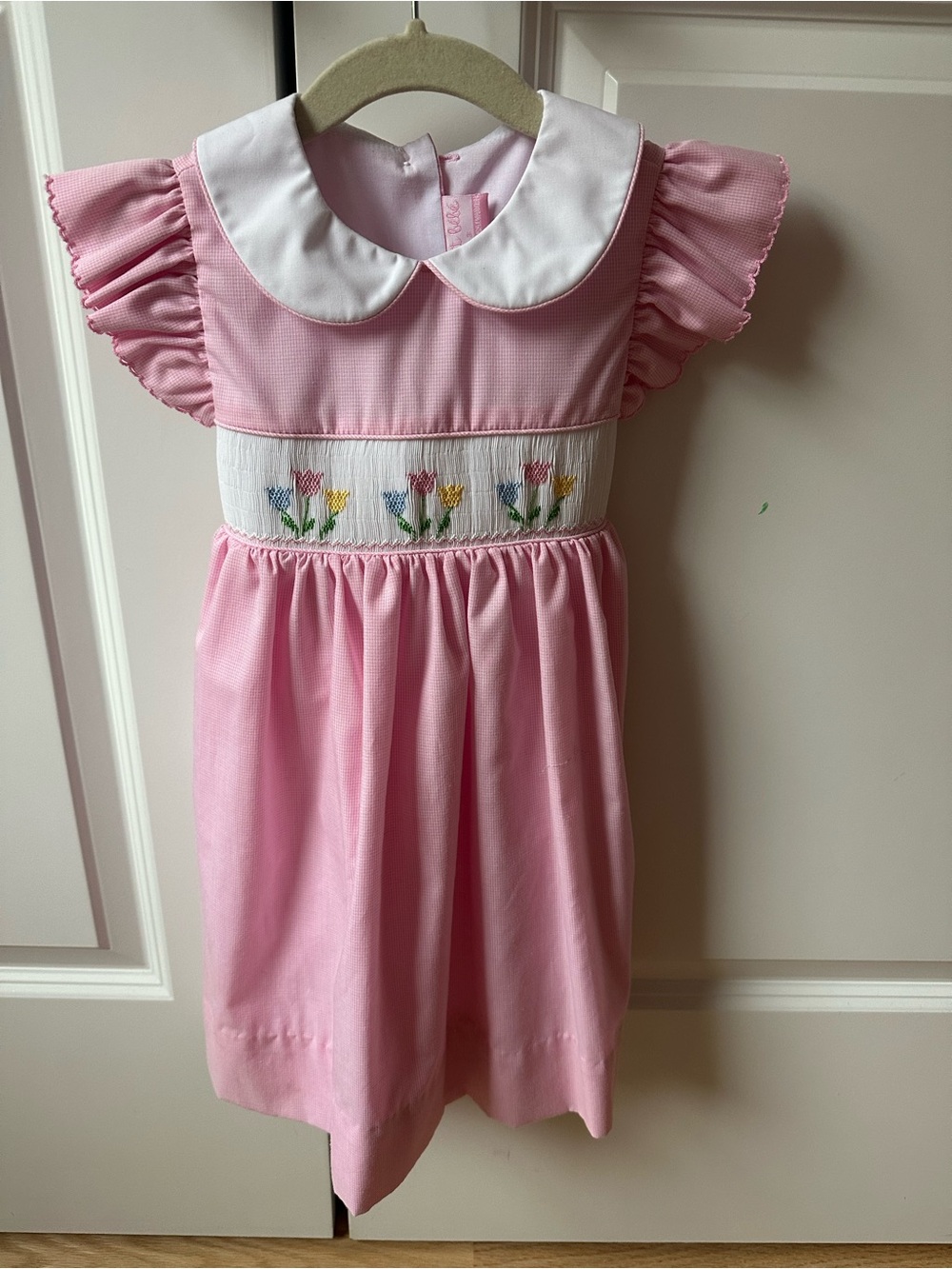 NWOT Petit Bebe Pink Gingham Smocked Floral Peter Pan Collar Dress